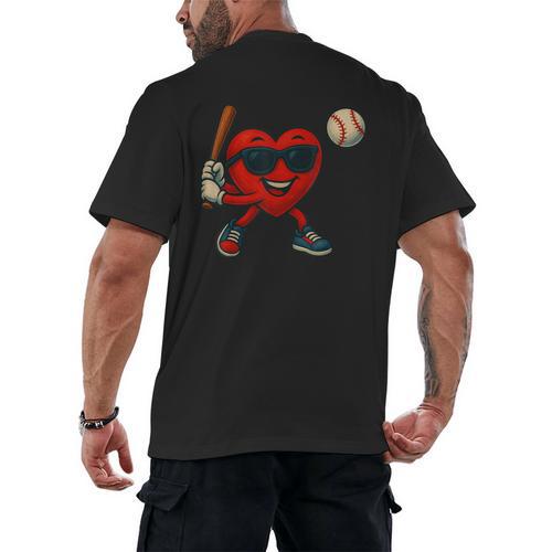 Valentines Day Baseball Red Heart Love Boys Kids Tee Men's Back Print T-Shirt - Sportilla