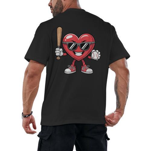 Valentines Day Heart Playing Baseball Boys Men Kids Girls Men's Back Print T-Shirt - Sportilla