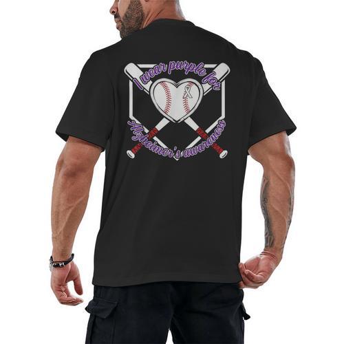 I Wear Purple For Alzheimers Awareness Baseball Heart Ribbon Men's Back Print T-Shirt - Sportilla