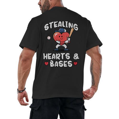 Women's Valentines Day Baseball Stealing Hearts Bases Boys Kids Men Men's Back Print T-Shirt - Sportilla