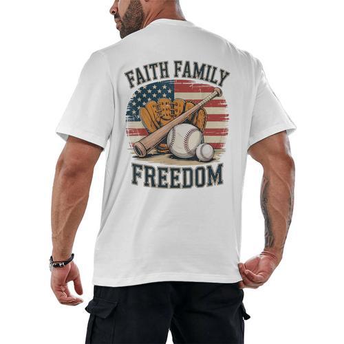 Faith Family Freedom Patriotic Christian Baseball Game Day Men's Back Print T-Shirt - Sportilla