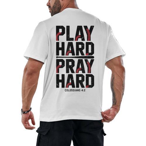 Play Hard Pray Hard Youth Boy Christian Baseball Jesus Men's Back Print T-Shirt - Sportilla