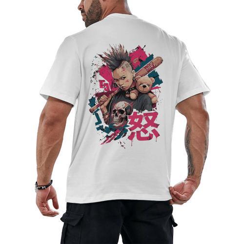 Punk Girl With Anger Kanji And Baseball Bat Men's Back Print T-Shirt - Sportilla