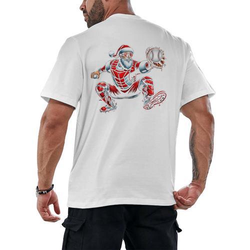 Santa Playing Baseball Catcher Merry Christmas Sport Player Men's Back Print T-Shirt - Sportilla