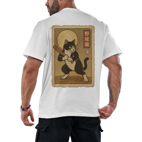 Vintage Japanese Ukiyo-e Baseball Cat Batting Men's Back Print T-Shirt - Sportilla