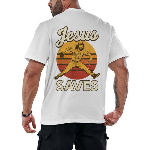 Youth Boy Baseball Jesus Saves Christian Baseball Religious Men's Back Print T-Shirt - Sportilla