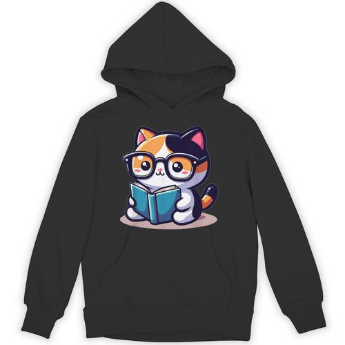 Adorable Book Lover Calico Cat With Reading Glasses Cute For Men Women Kids Unisex Hoodie - Bookorys