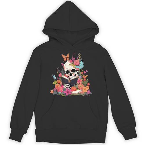 Book Reading Skull Skeleton Flowers Floral Bookish Butterfly Unisex Hoodie - Bookorys CA