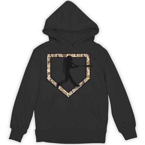Camo Home Plate Camouflage Baseball Batter Youth Boys Unisex Hoodie - Sportilla