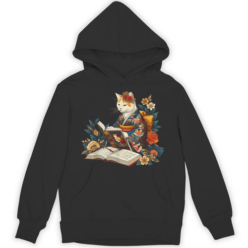 Cat Reading A Book In Traditional Japanese Clothing Kimono Unisex Hoodie - Bookorys CA