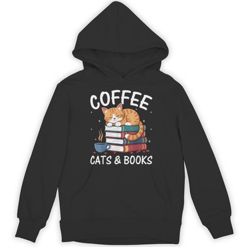 Coffee Cats And Books Cute Kitten Reading Unisex Hoodie - Bookorys