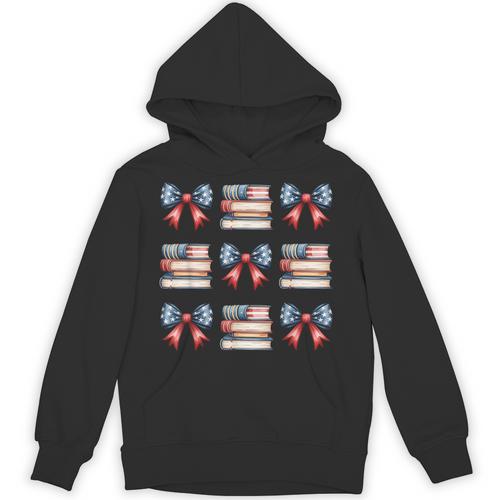 Coquette Bow Book US Flag 4th Of July Librarian Bookworm Unisex Hoodie - Bookorys CA