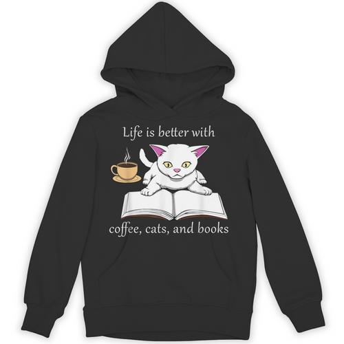 Cute Cat Book Reading Coffee Unisex Hoodie - Bookorys AU