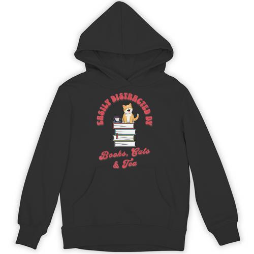 Easily Distracted By Books Cats Tea Book Lovers Librarians Unisex Hoodie - Bookorys