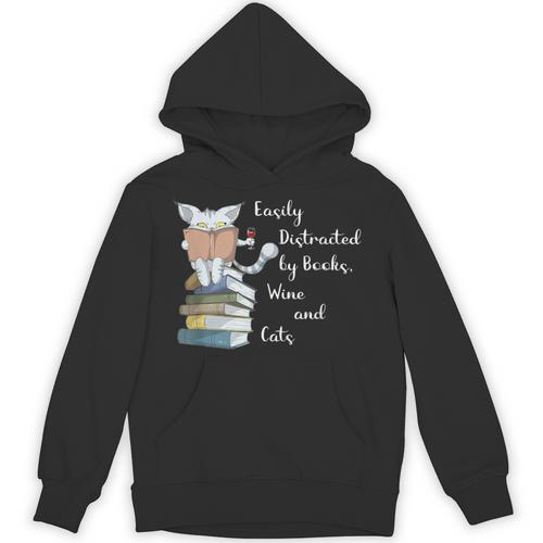 Easily Distracted By Books Wine And Cats Lover Unisex Hoodie - Bookorys AU