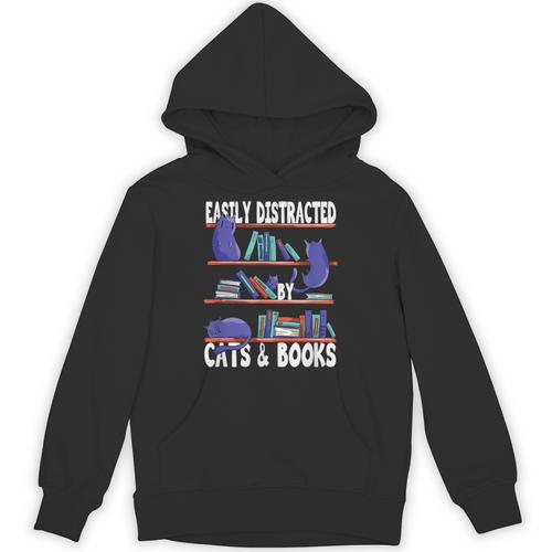 Easily Distracted By Cats And Book Bookworm Cat Lover For Men Women Unisex Hoodie - Bookorys AU