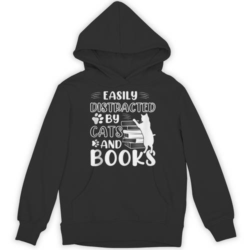 Easily Distracted By Cats And Books Cats & Book Lovers Unisex Hoodie - Bookorys