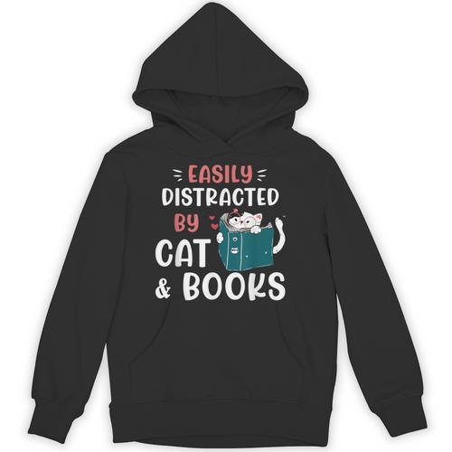 Easily Distracted By Cats And Books Cat & Book Lover For Men Women Kids Unisex Hoodie - Bookorys
