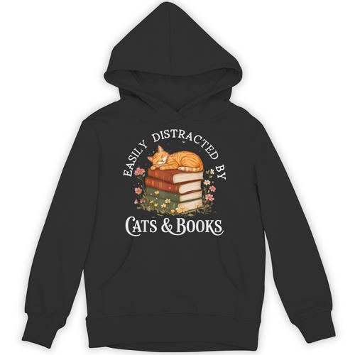 Easily Distracted By Cats And Books Cat And Book Lover Unisex Hoodie - Bookorys