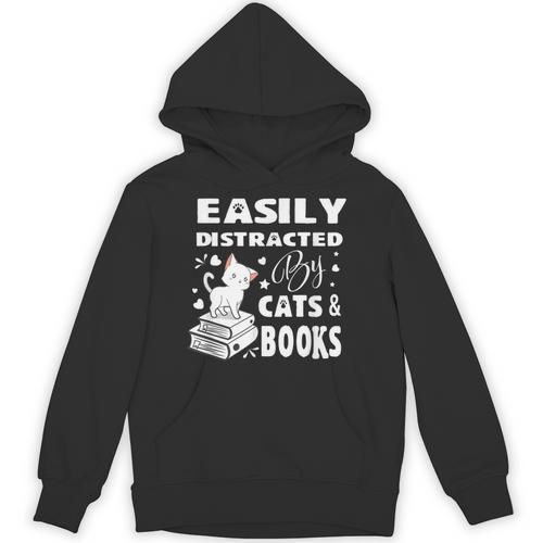 Easily Distracted By Cats And Books Books Cat Book Lover Unisex Hoodie - Bookorys