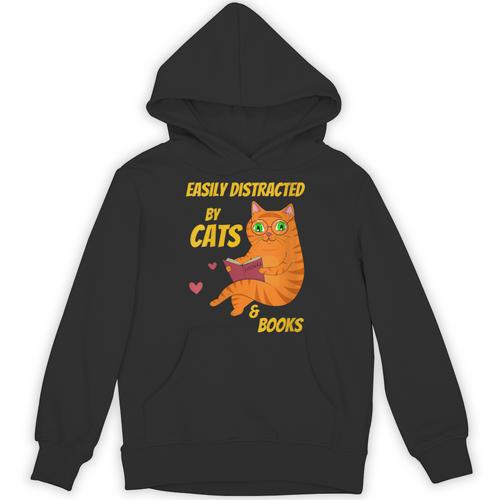 Easily Distracted By Cats And Books For Cat And Book Lover Unisex Hoodie - Bookorys