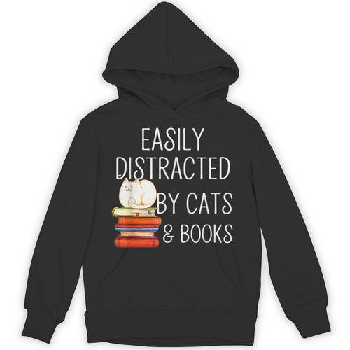 Easily Distracted By Cats And Books Cute Book Lover Unisex Hoodie - Bookorys AU