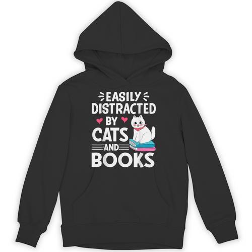Easily Distracted By Cats And Books Cute Cat And Book Lovers Unisex Hoodie - Bookorys CA