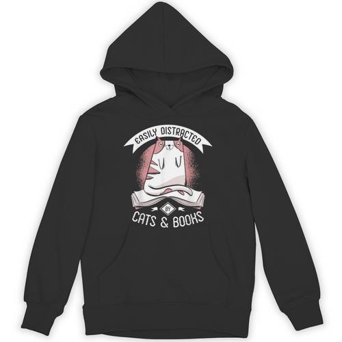 Easily Distracted By Cats And Books Men Cat Book Lover Unisex Hoodie - Bookorys AU