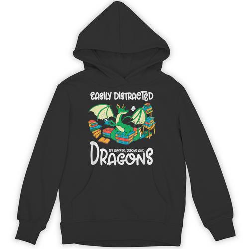 Easily Distracted By Coffee Books And Dragons Fantasy Sci-Fi Unisex Hoodie - Bookorys AU