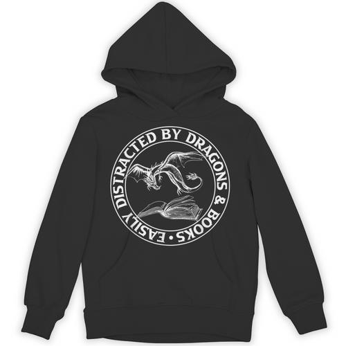 Easily Distracted By Dragons & Books Book Lover Fantasy Unisex Hoodie - Bookorys