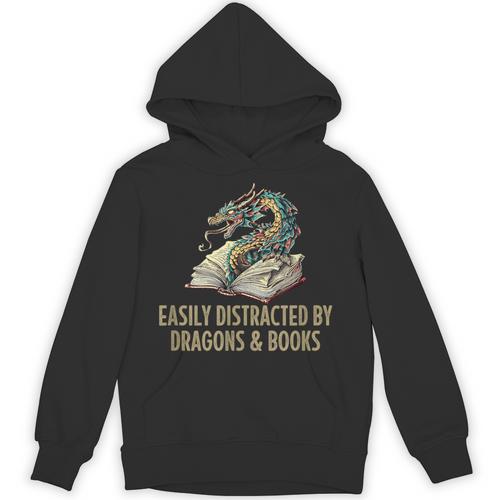 Easily Distracted By Dragons & Books Vintage Style Unisex Hoodie - Bookorys AU