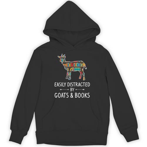 Easily Distracted By Goats & Books Lover Sheep Kid Unisex Hoodie - Bookorys DE