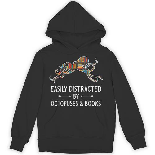 Easily Distracted By Octopuses & Books Lover Mollusc Unisex Hoodie - Bookorys CA