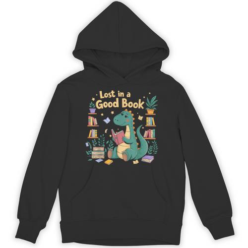 Lost In a Good Book Cute Reading Dinosaur Illustration Unisex Hoodie - Bookorys CA