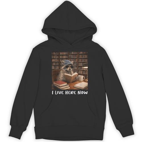 Raccoon I Live Here Now Book Lover Racoon Reading Book Unisex Hoodie - Bookorys CA