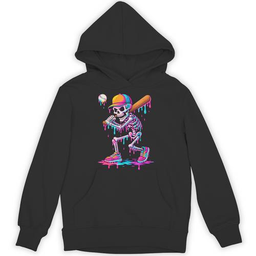 Skelton Playing Baseball Halloween Baseball Drip Boys Kids Unisex Hoodie - Sportilla
