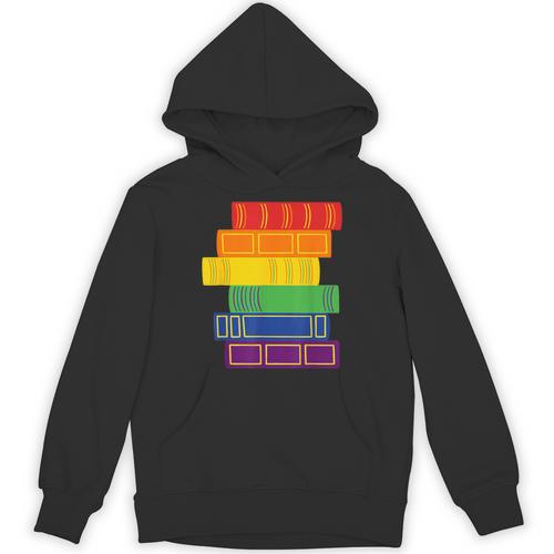 Threadless Grey Sky Chai Rainbow Book Pride Stack Graphic Unisex Hoodie - Bookorys