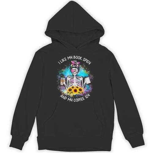 Tie-Dye Messy Bun Skull I Like My Books Spicy & My Coffee Unisex Hoodie - Bookorys