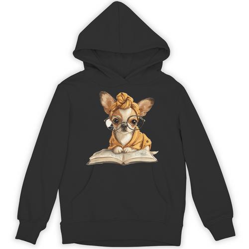 Tiny Puppy Open Book Reading Dog Lover Graphic Round Glasses Unisex Hoodie - Bookorys