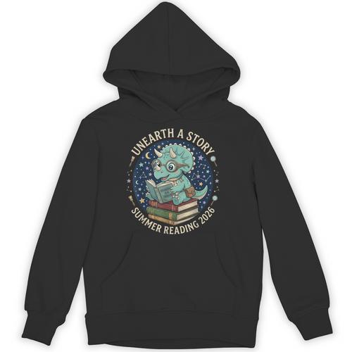 Unearth A Story Summer Reading 2026 Cute Dinosaur Reading Unisex Hoodie - Bookorys CA