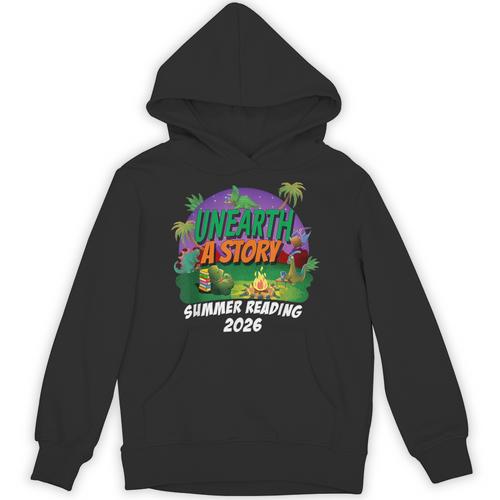Unearth a Story Summer Reading 2026 Dinosaur T-Rex Book Unisex Hoodie - Bookorys