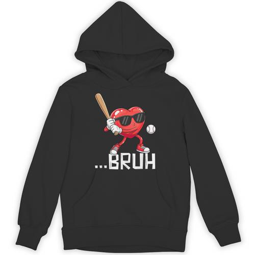 Valentines Bruh Red Heart Playing Baseball Men Boys Kids Unisex Hoodie - Sportilla