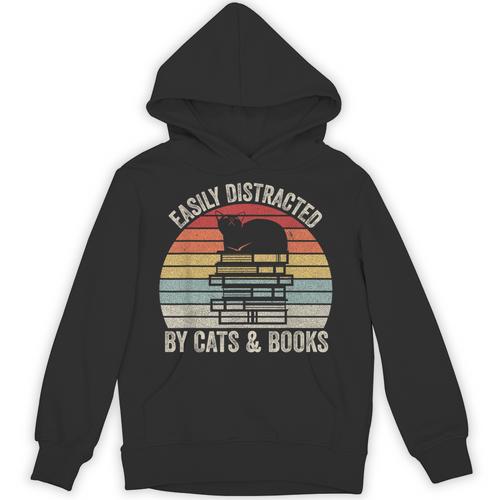 Vintage Retro Easily Distracted By Cats And Books Cat Unisex Hoodie - Bookorys DE