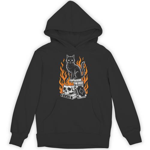 Witchy Creepy Goth Cat Skull Flames Occult Magic Books Unisex Hoodie - Bookorys