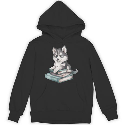 Women's Adorable Watercolor Husky Puppy Dog Reading Books Unisex Hoodie - Bookorys AU