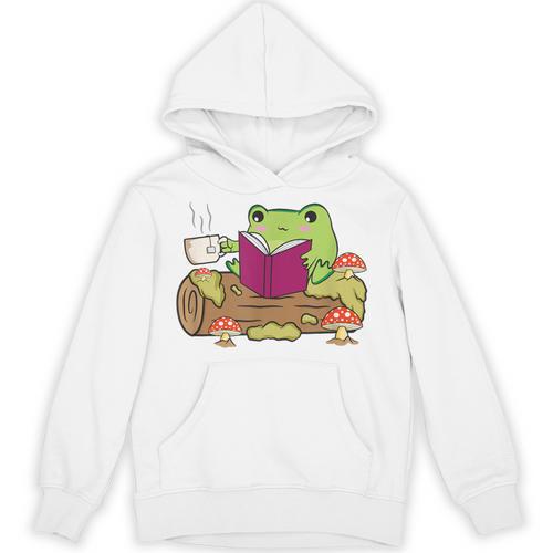 Cottagecore Aesthetic Kawaii Frog Reading Book Bookworm Unisex Hoodie - Bookorys