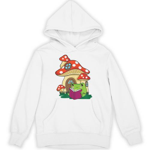 Cottagecore Aesthetic Kawaii Frog Reading A Book Mushroom Unisex Hoodie - Bookorys CA