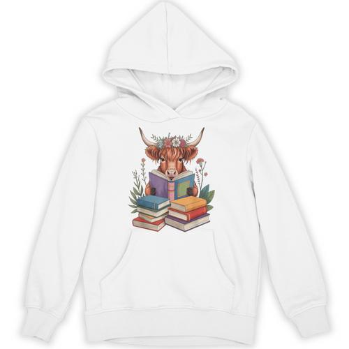 Cute Highland Cow With Book Floral Bookworm Librarian Book Unisex Hoodie - Bookorys