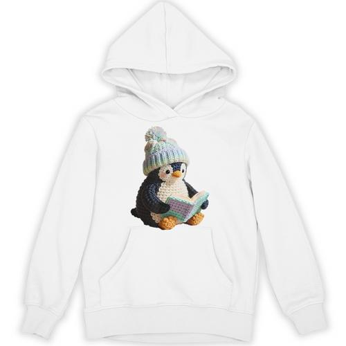 Cute Penguin Reading Book Faux-Crochet Print Unisex Hoodie - Bookorys