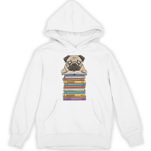Cute Pug Dog Reading Book On Pile Of Books Unisex Hoodie - Bookorys